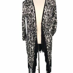 Ella Moss Womens Black & White Fringed Open Front Cardigan L